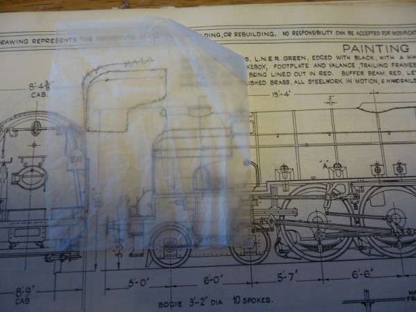 The first job was to trace out the smoke deflector from an A2 drawing - but allowing a greater height so that it would fit the A3.